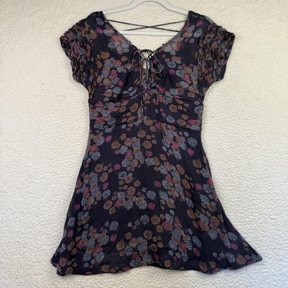 Free People Dress Womens Small Navy Blue Floral Boho Mini‎ Ruched Tie Back Short